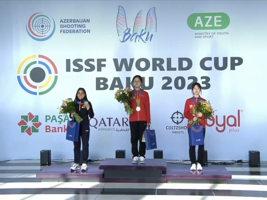Azerbaijan shooting team on the podium after winning the gold medal at the ISSF World Cup in Baku