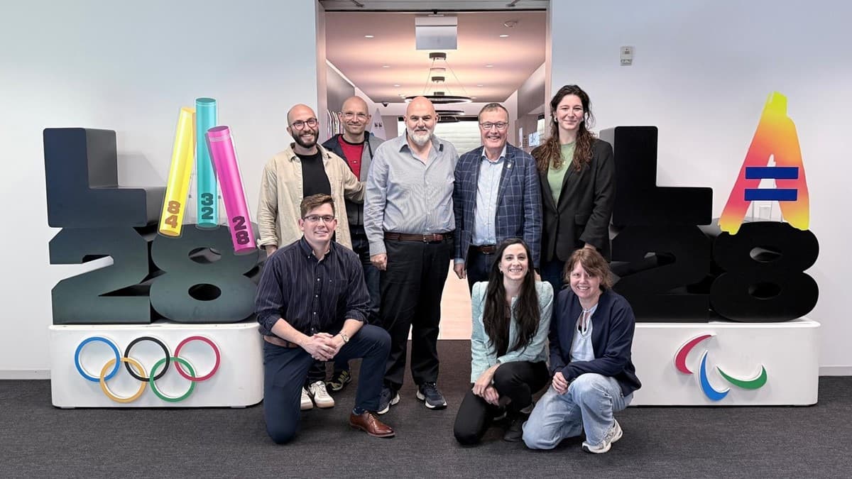 ISSF delegation members pose with representatives of the LA28 Organising Committee during the first site visit for the Los Angeles 2028 Olympic Games.